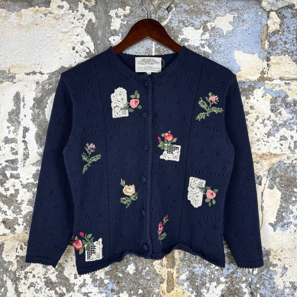 Vintage 90's Susan Bristol Cardigan Navy Floral Lace Embroidered Medium Petite